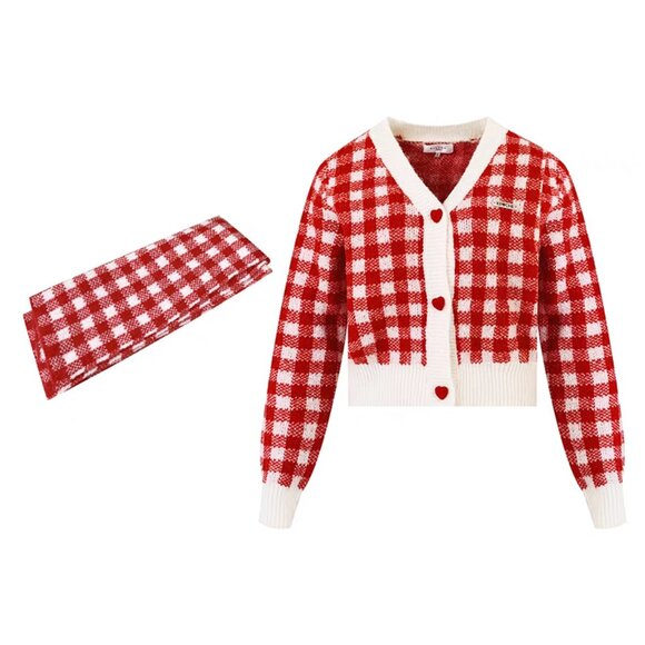 Kroche Christmas Red and White Plaid Knit Cardigan and Scarf set - Picture 5 of 5